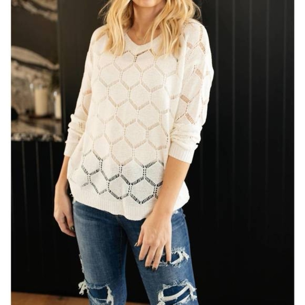 Ces Femme boutique Ivory Open Knit Sweater Women's Sz L